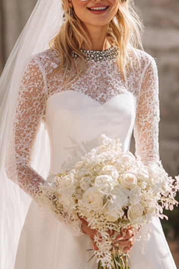 White Lace A-Line Courthouse Wedding Dress With Long Sleeves